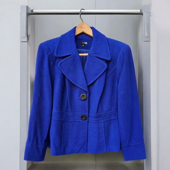 Royal Blue Single Breasted Pea Coat Large PETITE Blazer Jacket Wool Blend - Picture 1 of 8